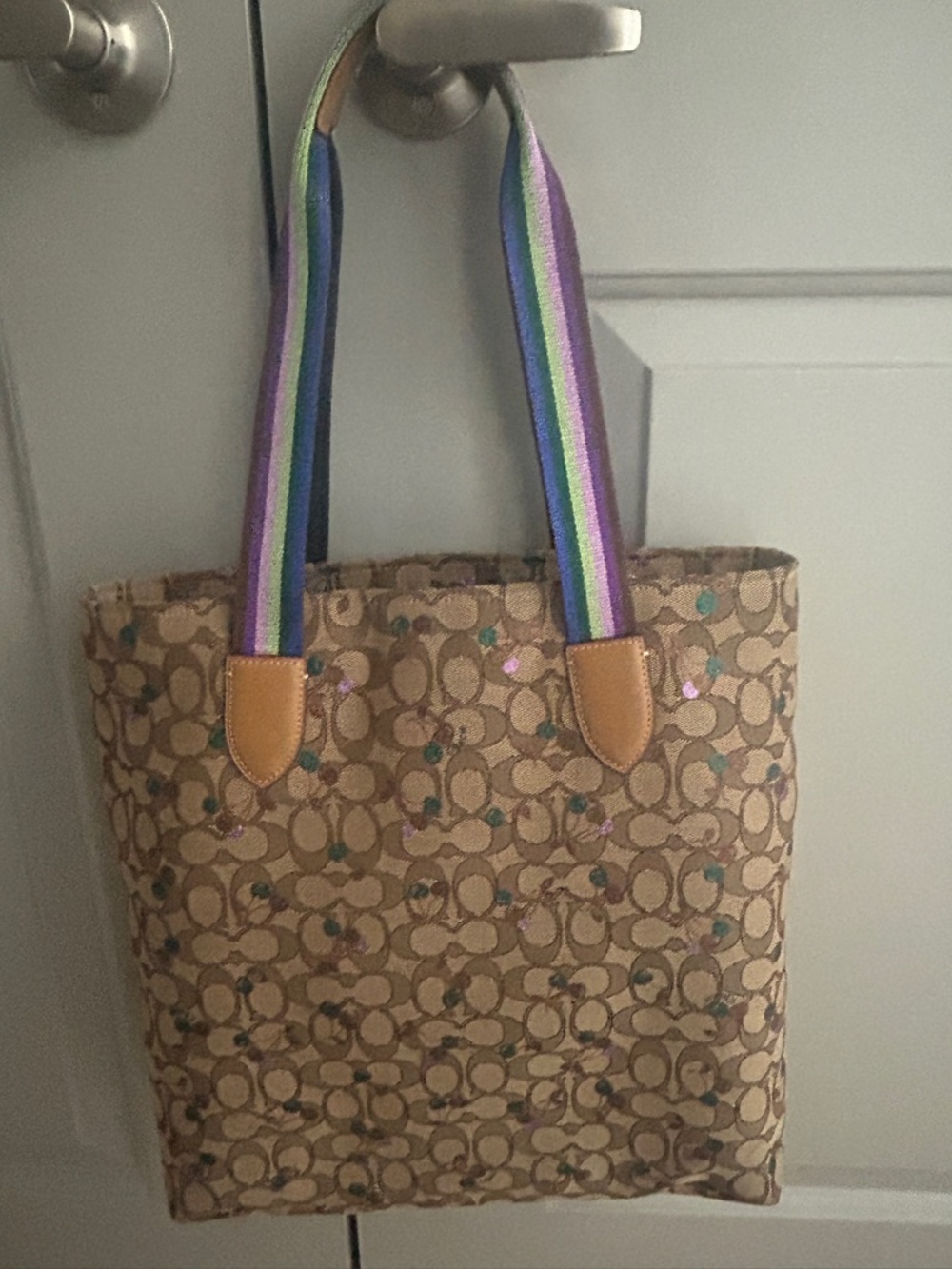 Coach Tote F30604 Signature Canvas purple & teal Cherries Rainbow Glitter straps - Picture 6 of 8